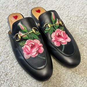 Gucci Black Mules with Pink Floral Embroidery